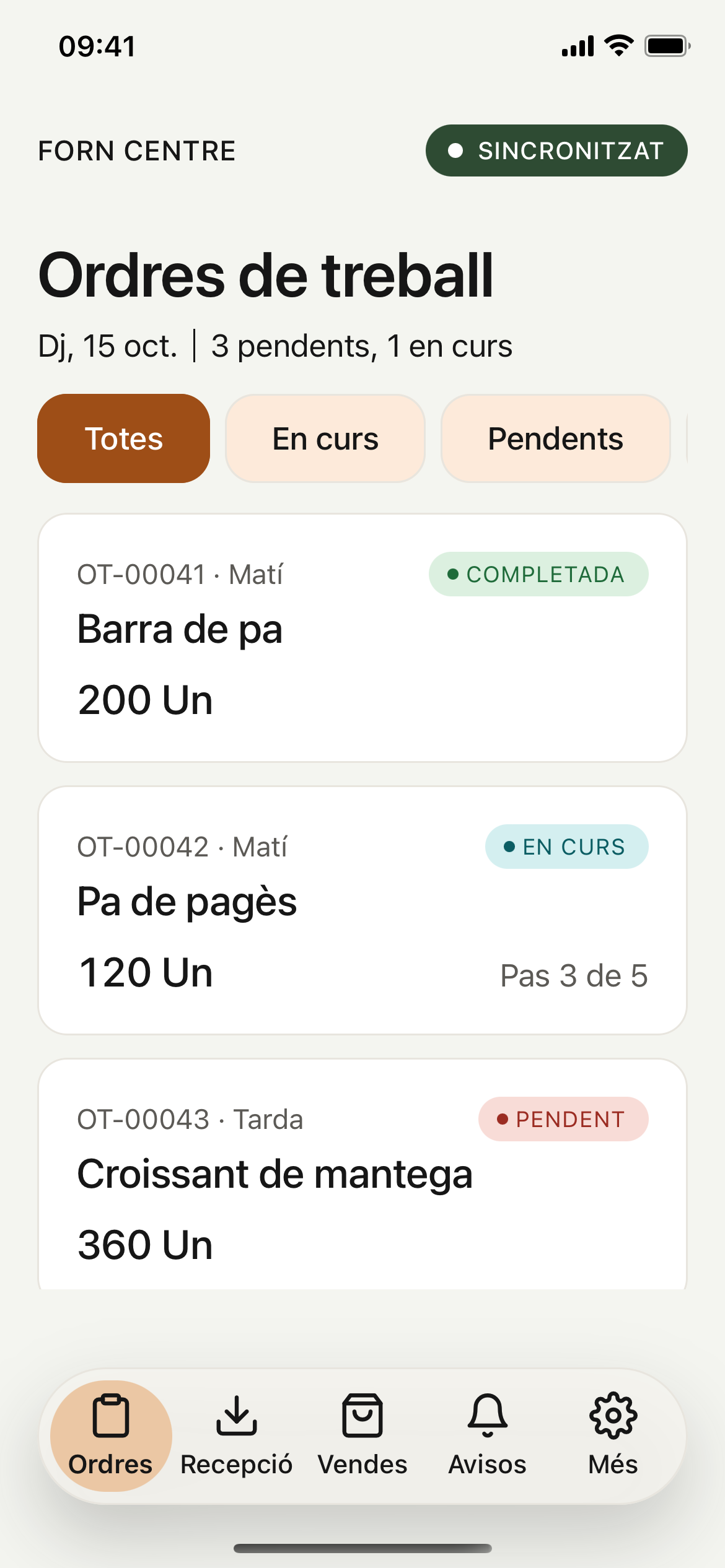 App de planta: órdenes de trabajo del turno
