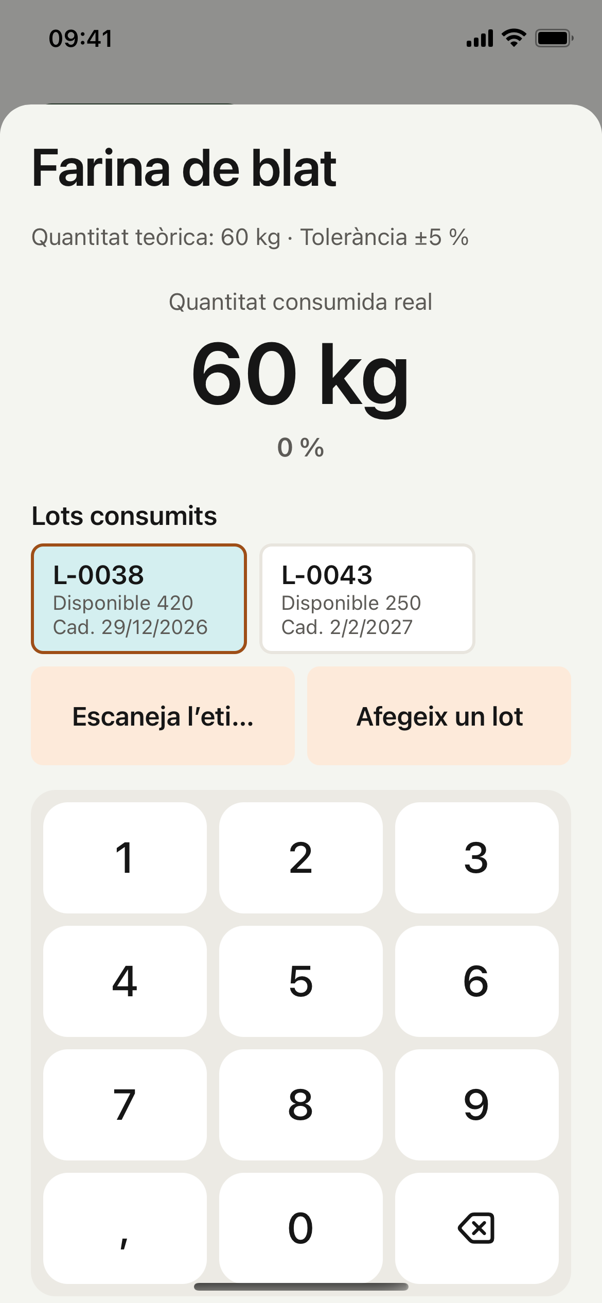 App de planta: pesada y consumo de ingredientes